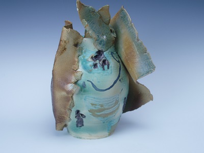 Wing Flora, detail a. Thrown, altered, stoneware form with slab additions, wild flowers, dirt, slips. 12 in ht x 12 in width, 2014