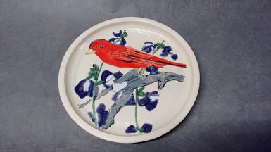 painted bunting, stoneware 9 in dia