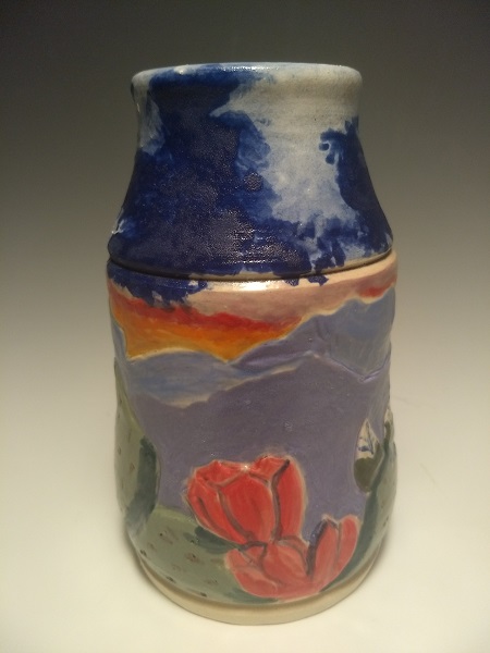 Beavertail Cactus, Texas Wildflower series, thrown and carved bud vase,  stoneware, 3.5" w x 6" h, $45