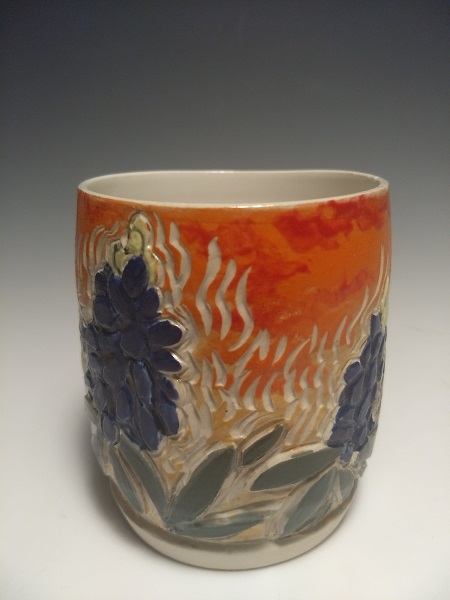 Bluebonnets chuan, Texas Wildflower series, thrown and carved stoneware tea bowl with scgrafito, 3.5"" w x 4", $50 