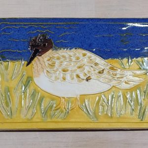 Bairds Sandpiper, dark variation 3" x 5" handmade ceramic tile, mounted on board, $50
