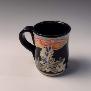 Bluebonnet with mountain sunset, 8 oz mug, carved relief, $65