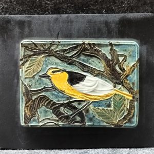 Bullocks Oriole, handmade ceramic tile, 5" x 7", mounted on board, $60