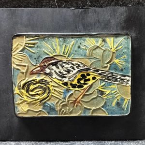 Cactus Wren, handmade ceramic tile, 5" x 7" mounted on black board, $60