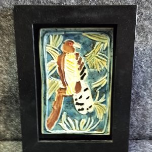 Coopers Hawk, 3" x 5" handmade ceramic tile, framed