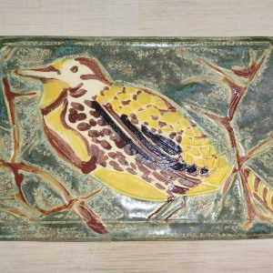 Meadowlark, light variation, 3" x 5", handmade ceramic tile, mounted on board, $50