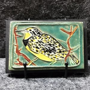 Meadowlark, dark variation rainforest, 3" x 5" handmade ceramic tile mounted on board, $50